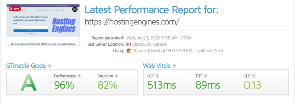 Hosting Engines GTmetrix test