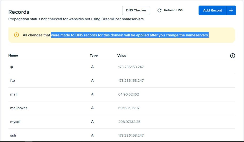 dns records on dreamhost