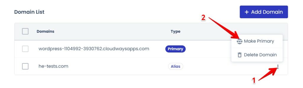 Cloudways Make Domain Name Primary