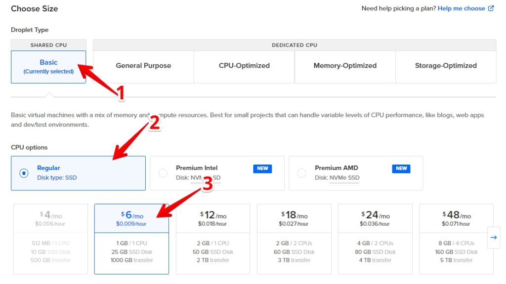 DigitalOcean Choose Server Size