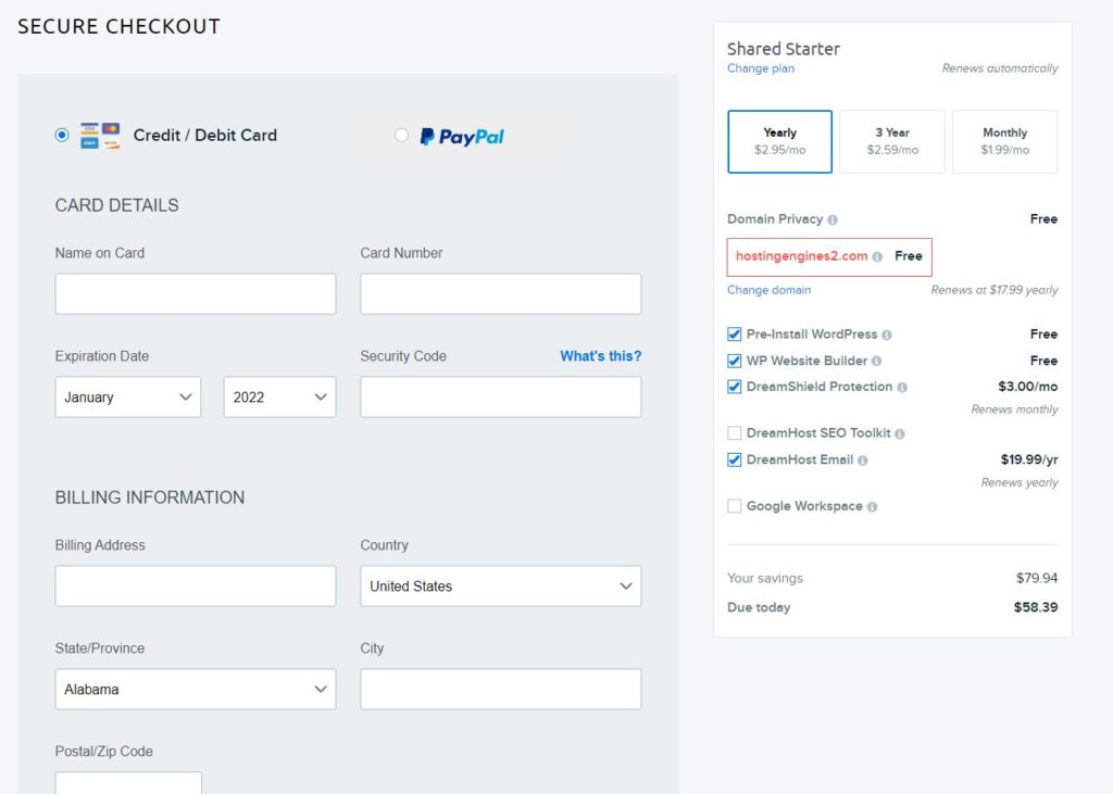 Dreamhost checkout page