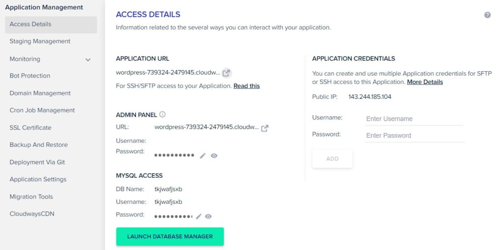 Cloudways Application Details