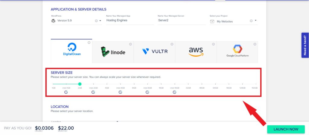 Cloudways Define Server Size