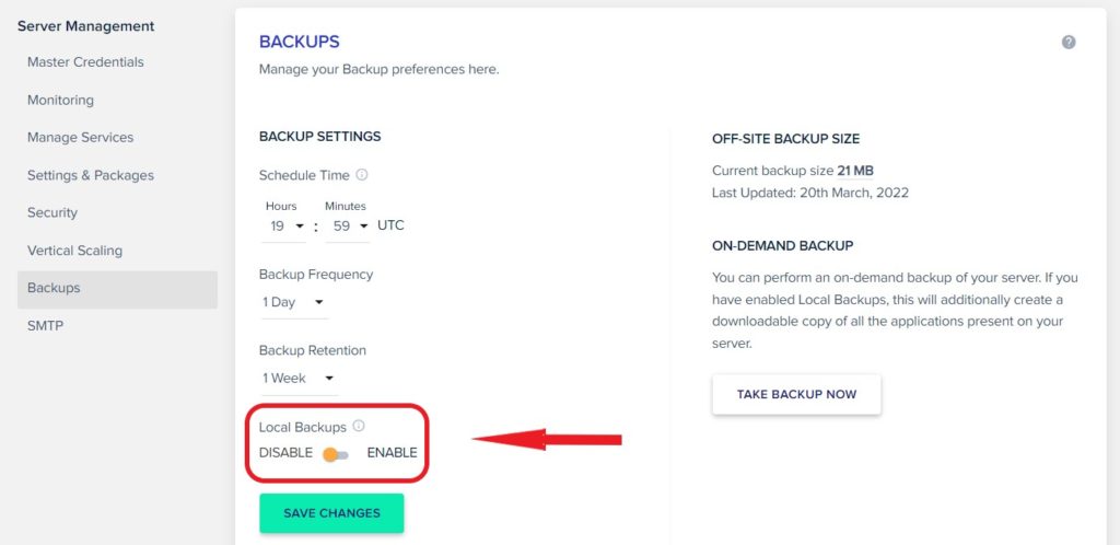 Cloudways Enable local Backup