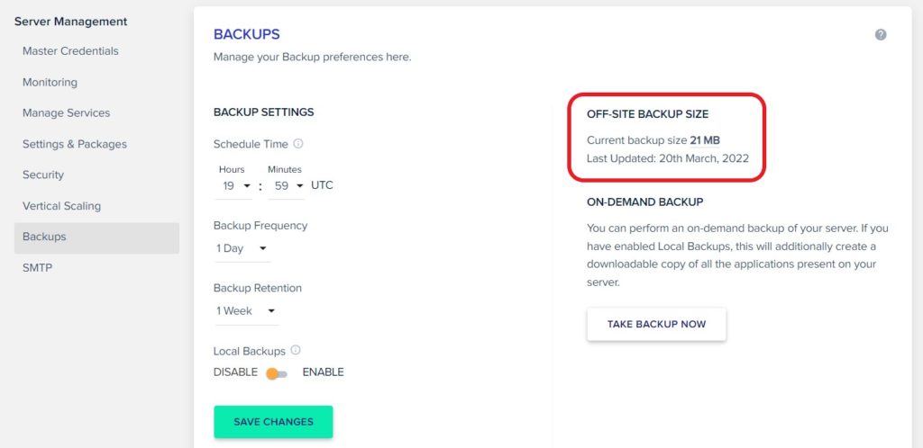 Cloudways Off-site Backup Size