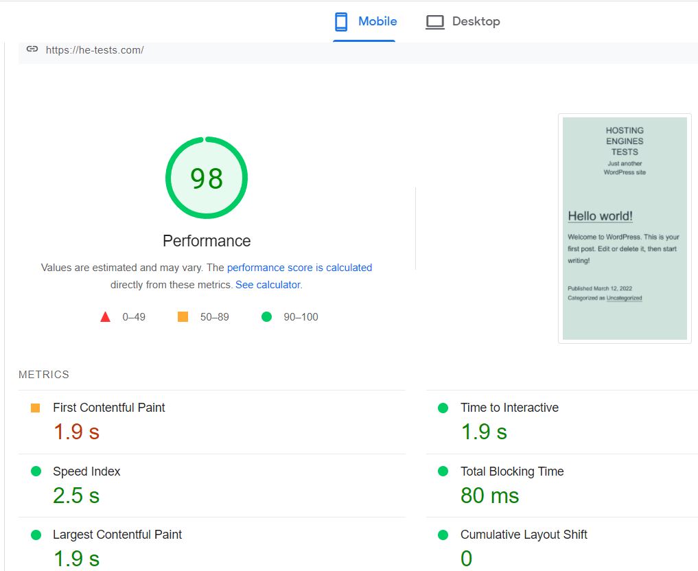 Google speed Insights mobile result