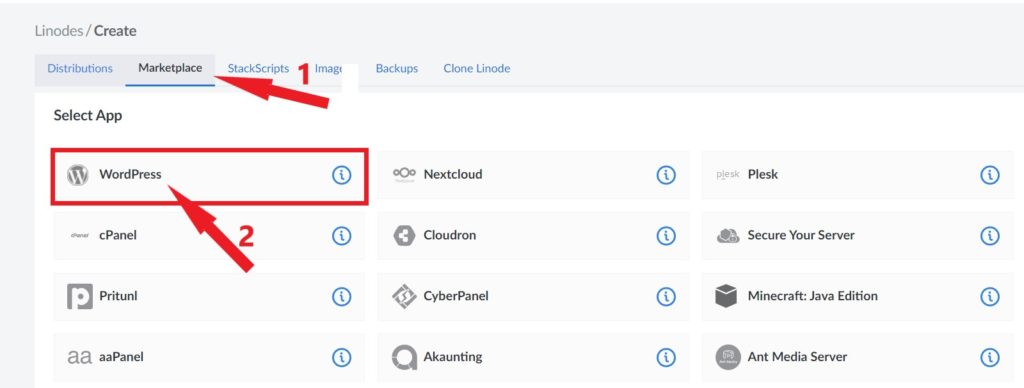 Select WordPress from Linode Marketplace