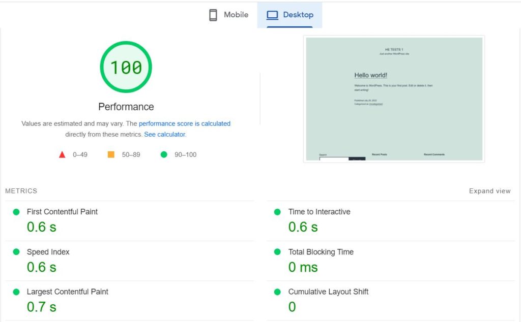 Vultr AMD PageSpeed Insights Desktop Speed Result