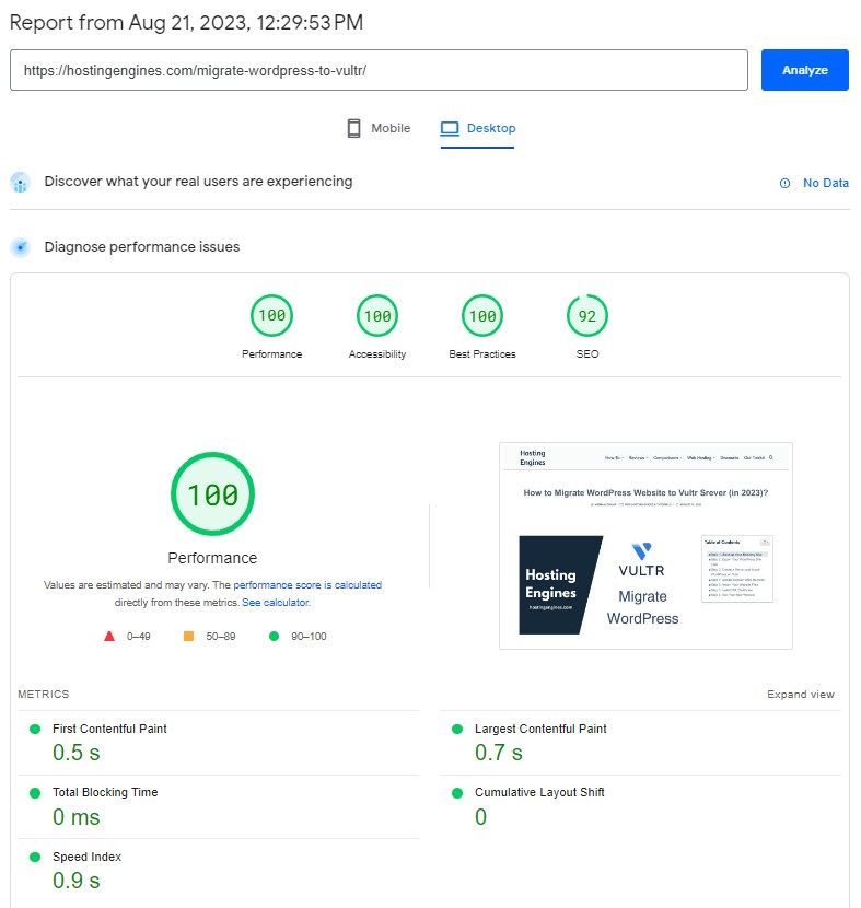 Hosting Engines PageSpeed Insights