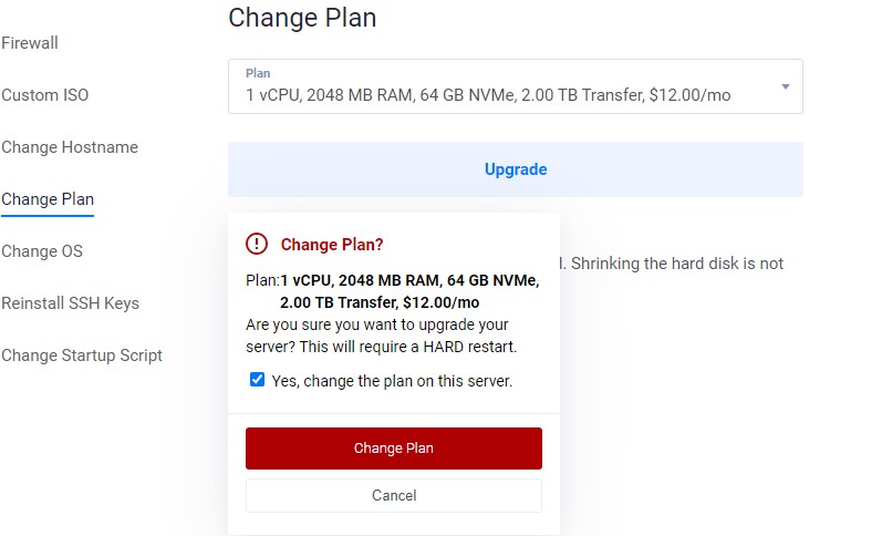 Resize Vultr Server Change Plan