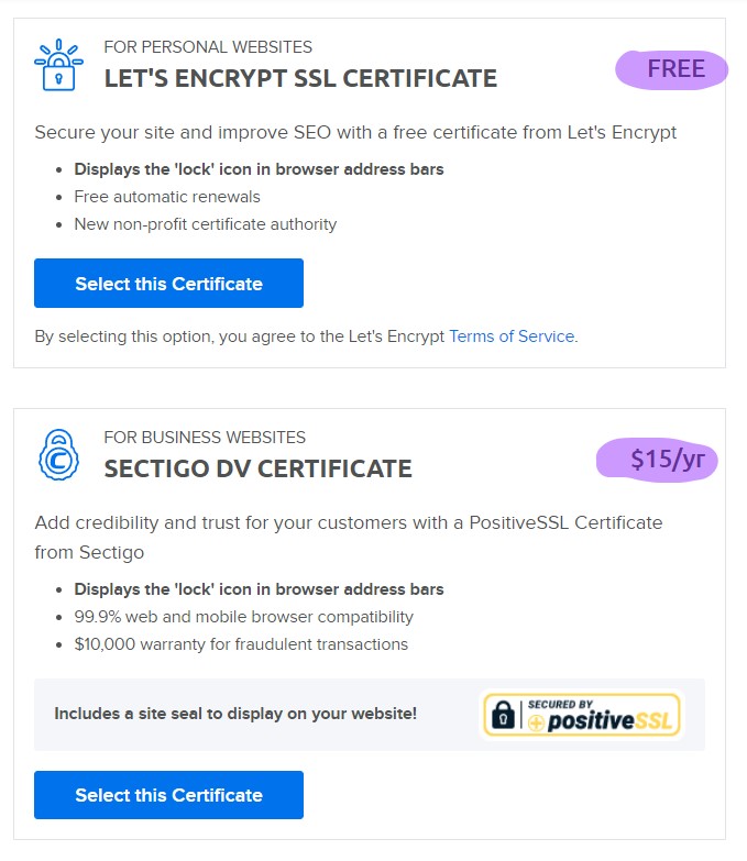 DreamHost Select Free or Pro SSL