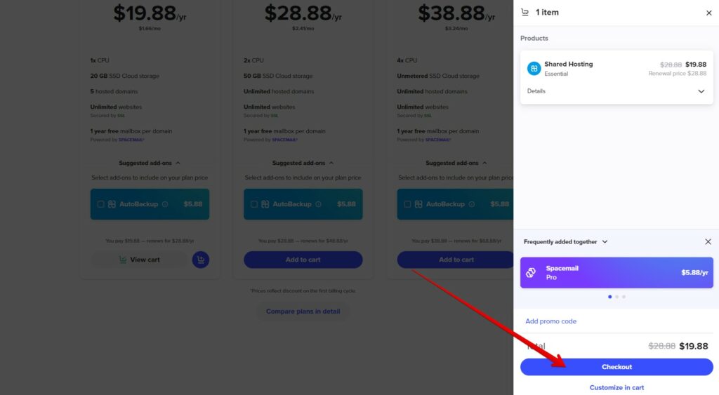 Spaceship Add Shared Hosting to Cart