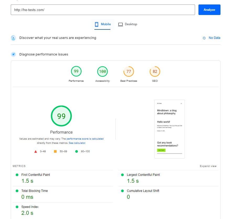 Spaceship PageSpeed Insights Mobile Test Result