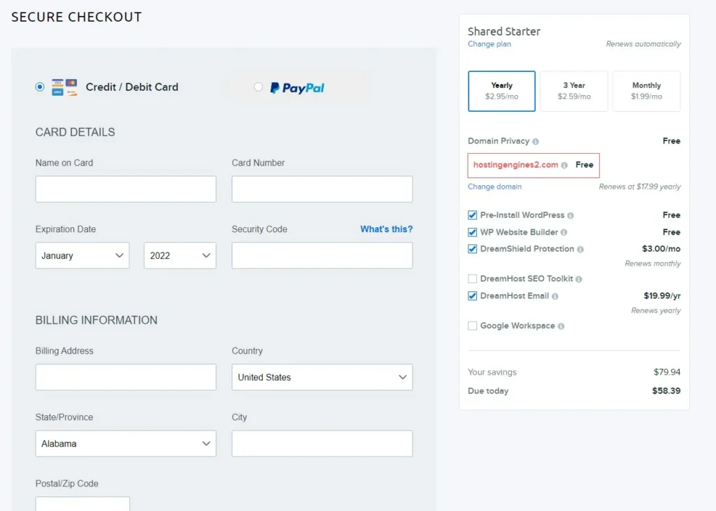 Dreamhost checkout page