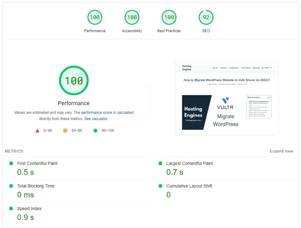 Hosting Engines PageSpeed Insights Score