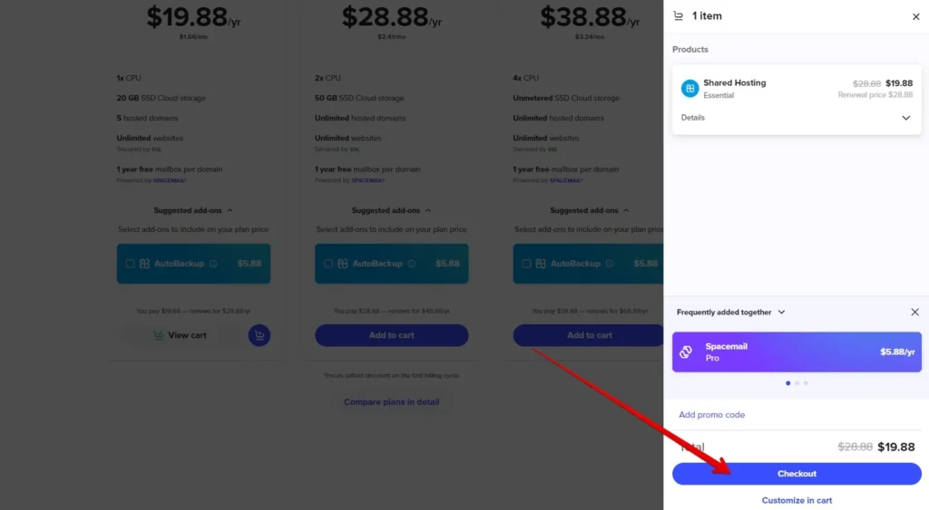 Spaceship Add Shared Hosting to Cart