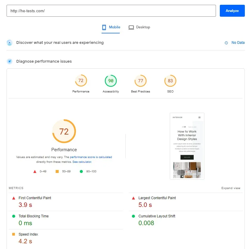 Spaceship PageSpeed Insights Full Site Mobile Test Result