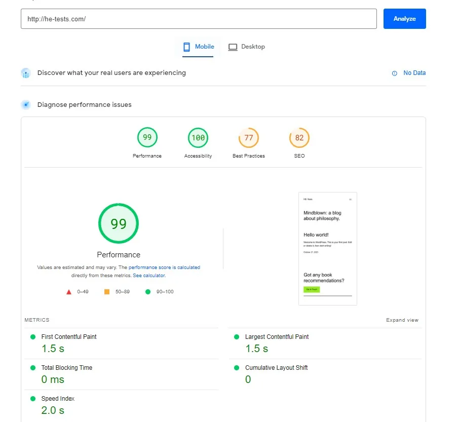 Spaceship PageSpeed Insights Mobile Test Result