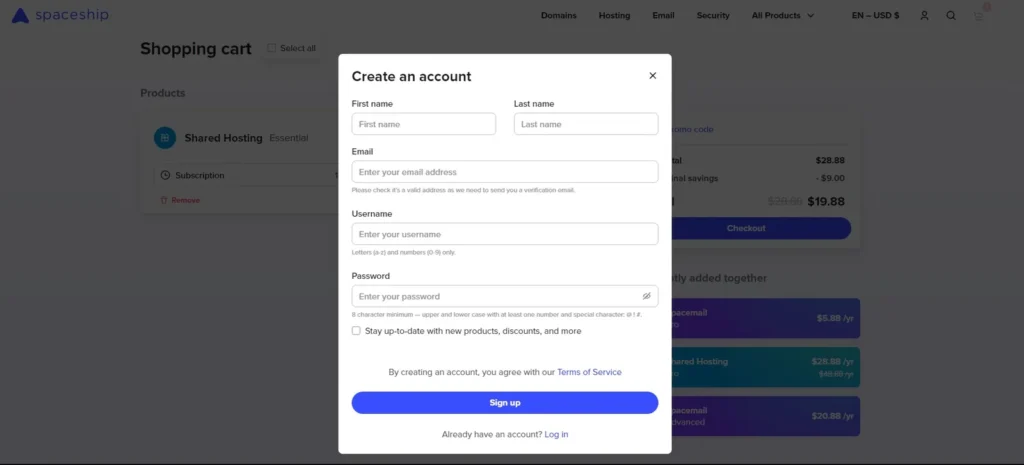 Spaceship sign-up page shown after clicking checkout