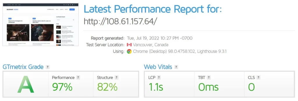 Vultr AMD GTmetrix WordPress Speed Test