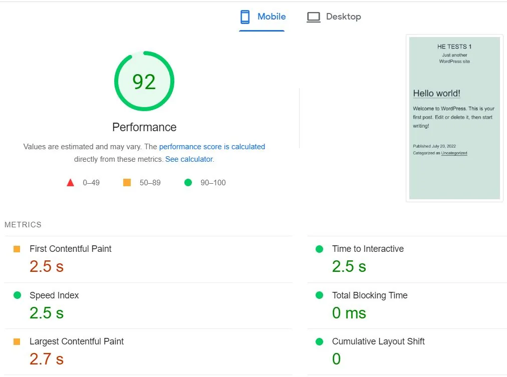 Vultr AMD PageSpeed Insights Mobile Speed Result