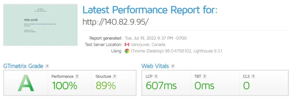 Vultr Intel GTmetrix Speed Result