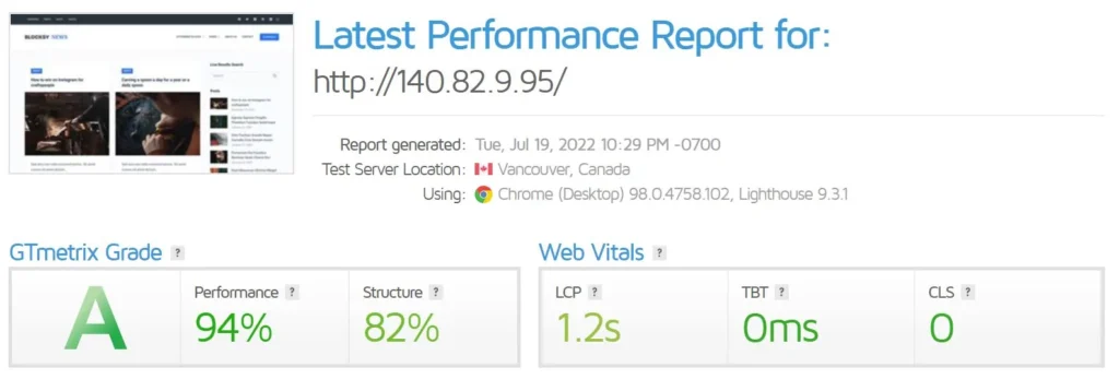 Vultr Intel GTmetrix WordPress Speed Test
