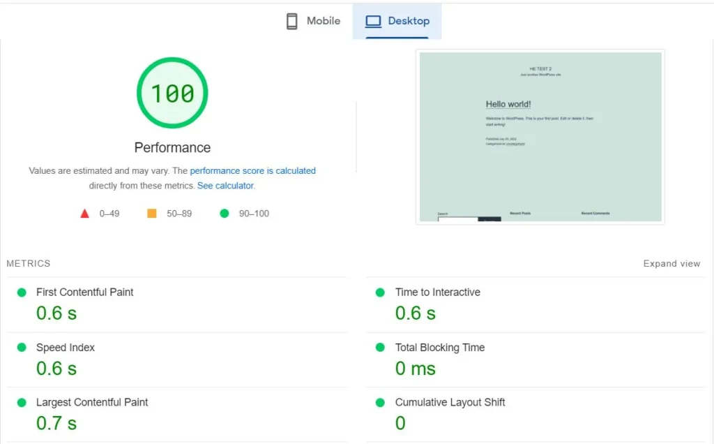 Vultr Intel PageSpeed Insights Desktop Speed Result