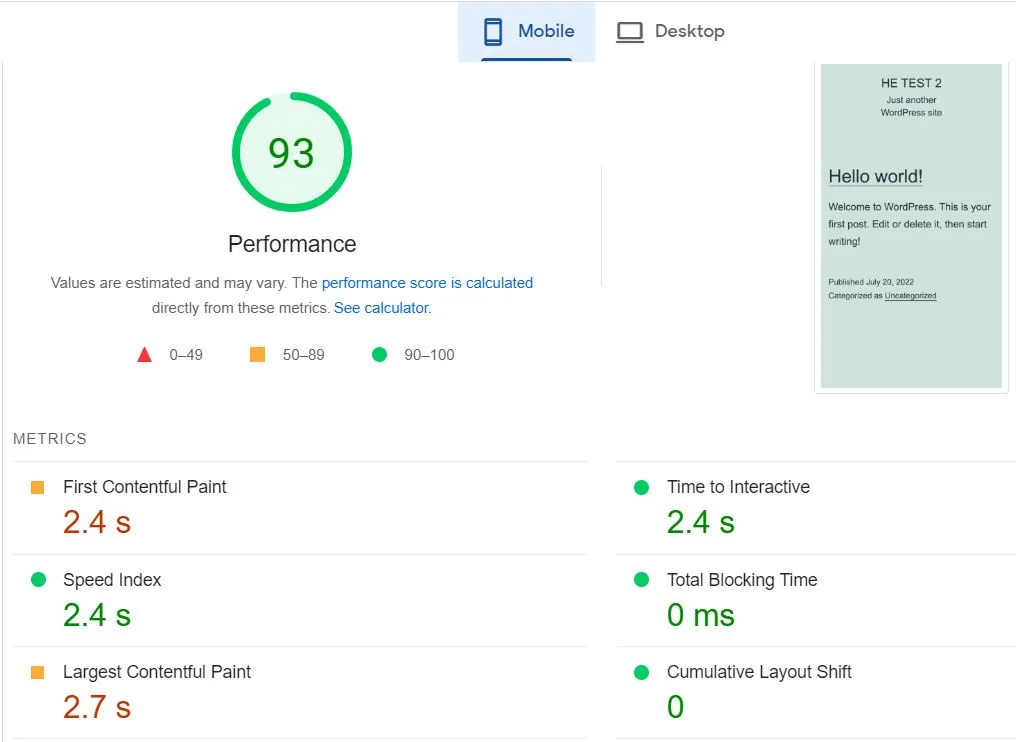 Vultr Intel PageSpeed Insights Mobile Speed Result