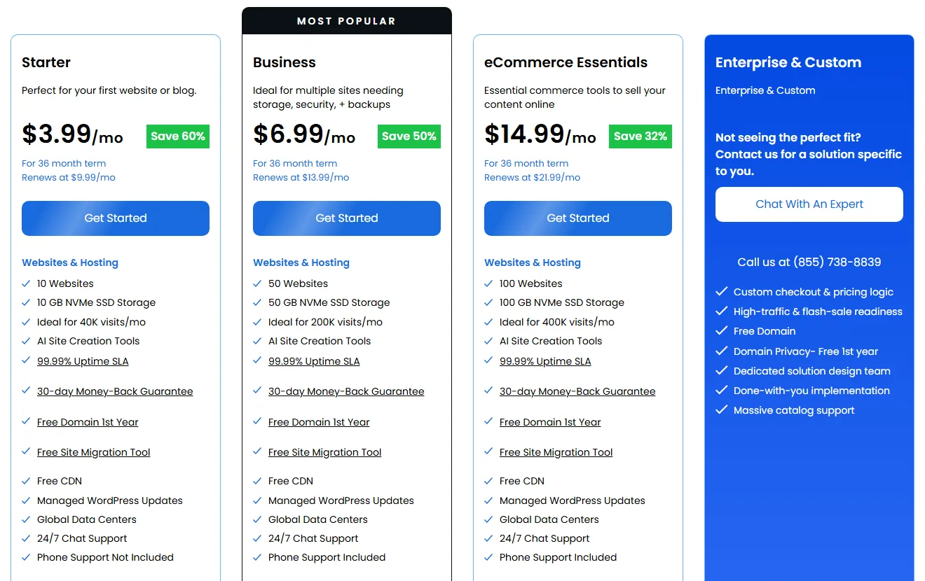 Bluehost Starter, Business and eCommerce Essentials shared hosting plan cards on the 36-month term with renewal prices (October 2026)