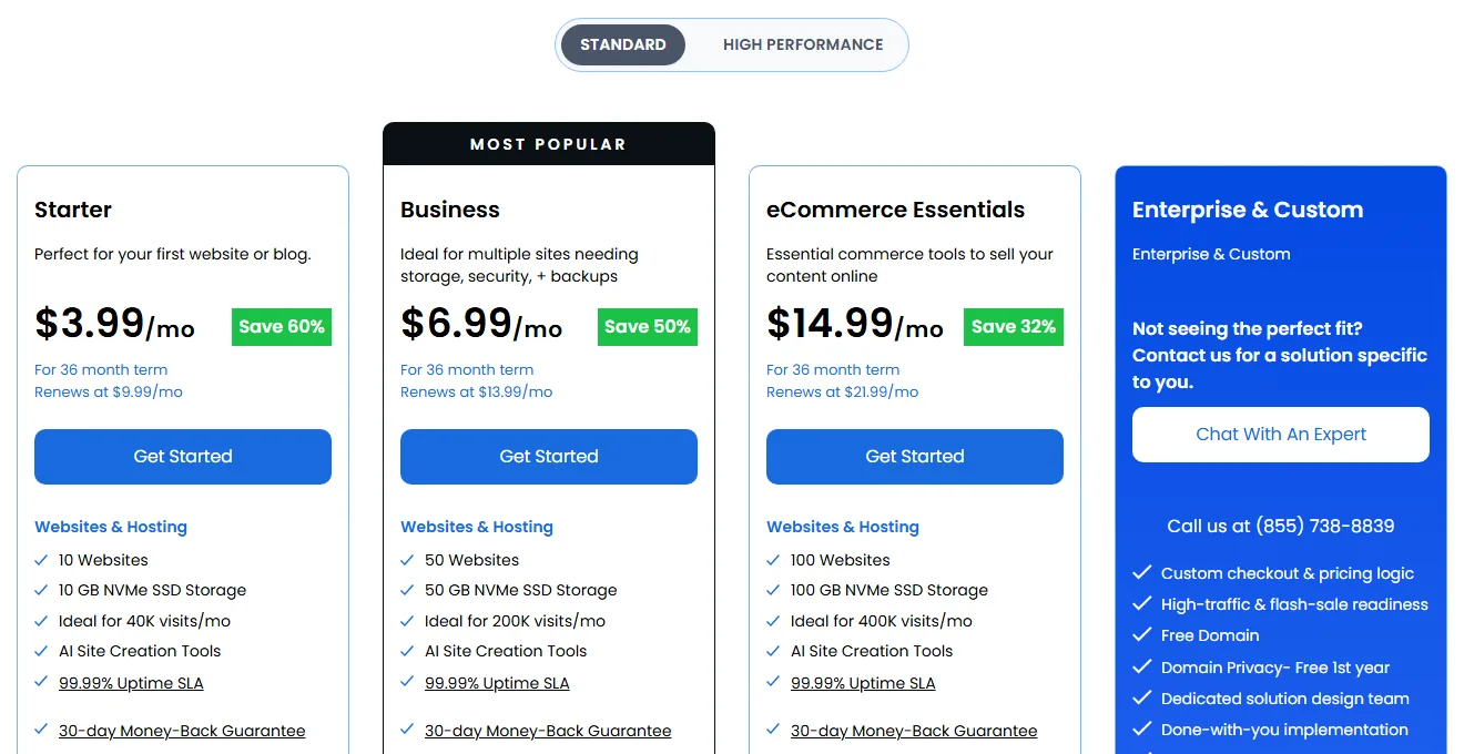 Bluehost shared hosting plans and prices: Starter, Business, eCommerce Essentials (October 2026)