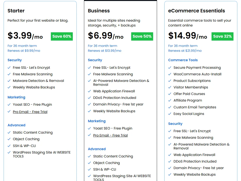 Bluehost shared plans listing weekly website backups on Starter, Business and eCommerce Essentials (October 2026)