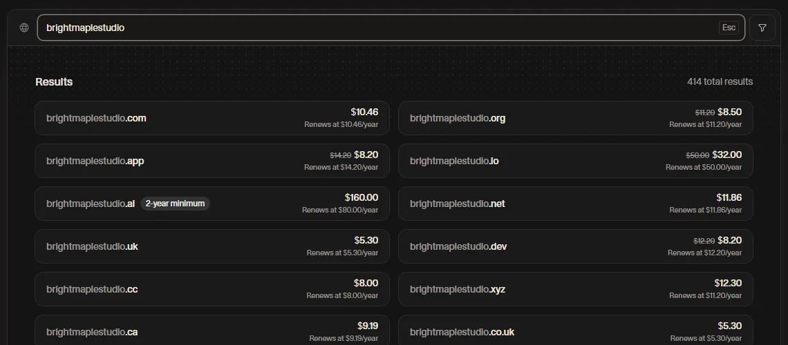 Cloudflare Registrar search results showing at-cost prices and renewal prices for .com, .org, .io, .ai, .net and other extensions (October 2026)
