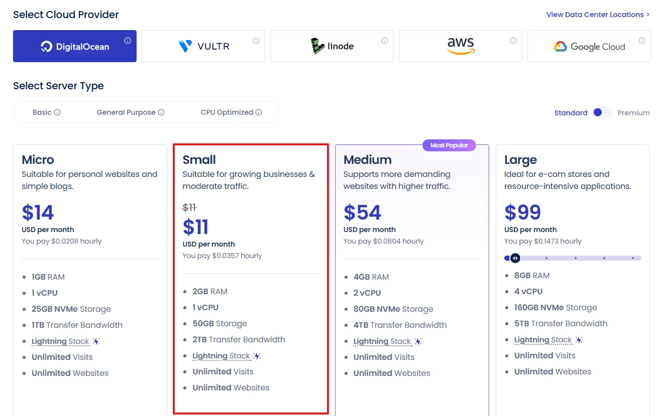 Cloudways DigitalOcean Standard pricing, Small 2 GB server at $11 a month (October 2026)