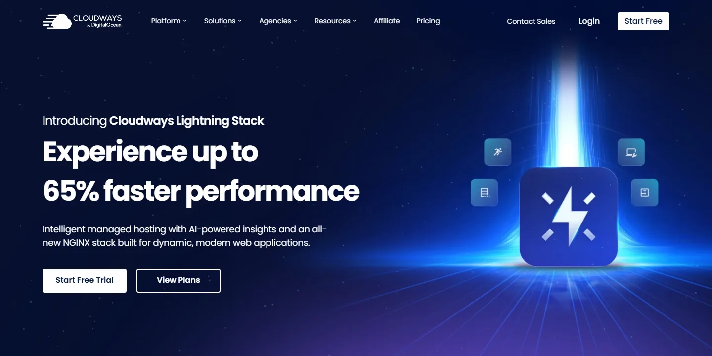 Cloudways homepage introducing the Lightning Stack (October 2026)