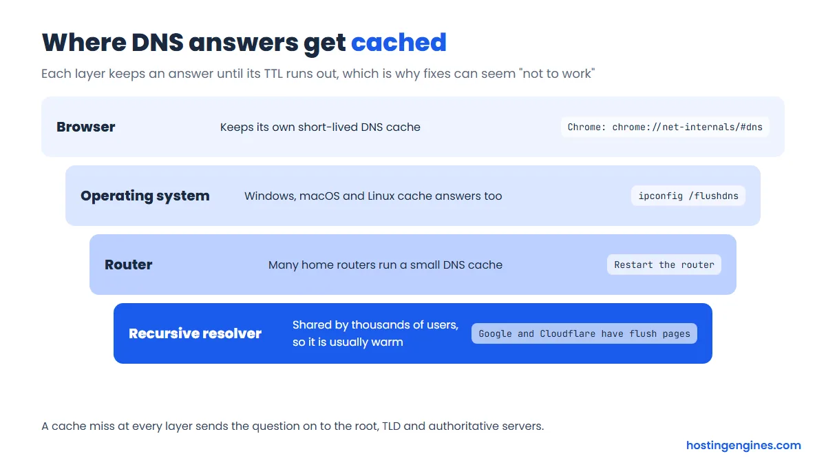 Four layers of DNS caching: browser, operating system, home router and recursive resolver, with how to clear each one