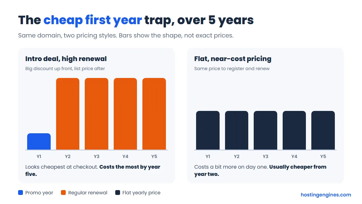 Bar chart comparing five years of domain costs with a cheap first year and high renewals against flat near-cost pricing