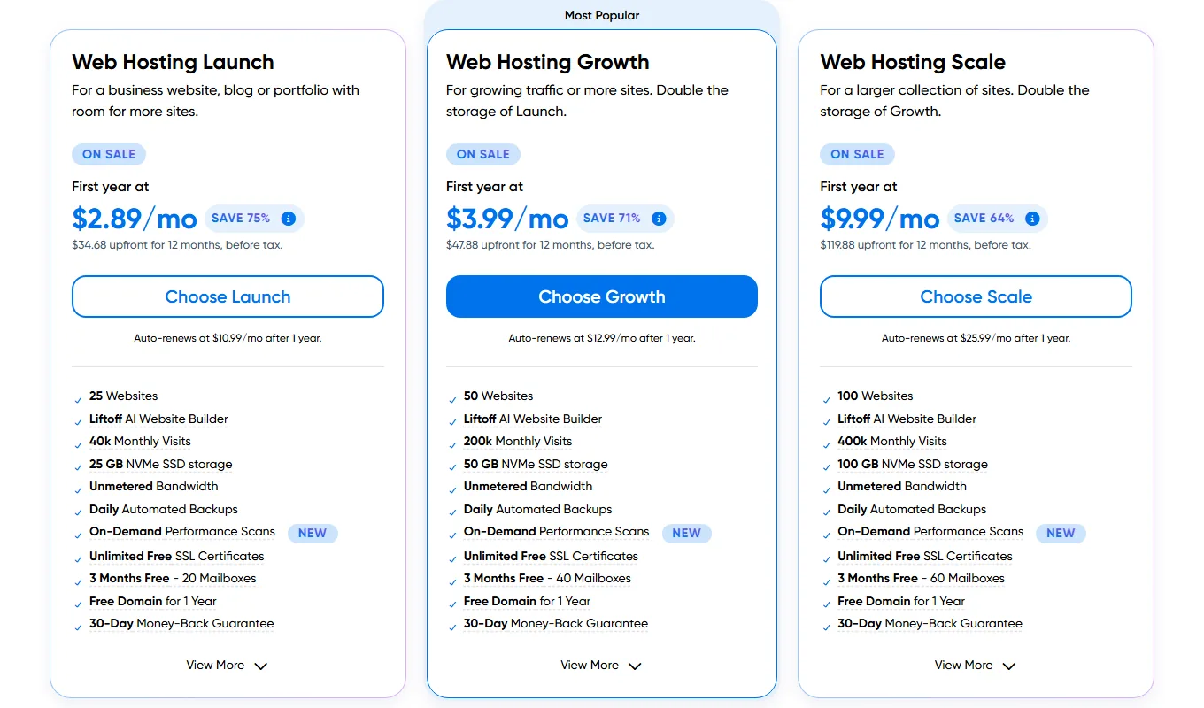 DreamHost Web Hosting Launch, Growth and Scale plans with first-year and renewal prices (October 2026)