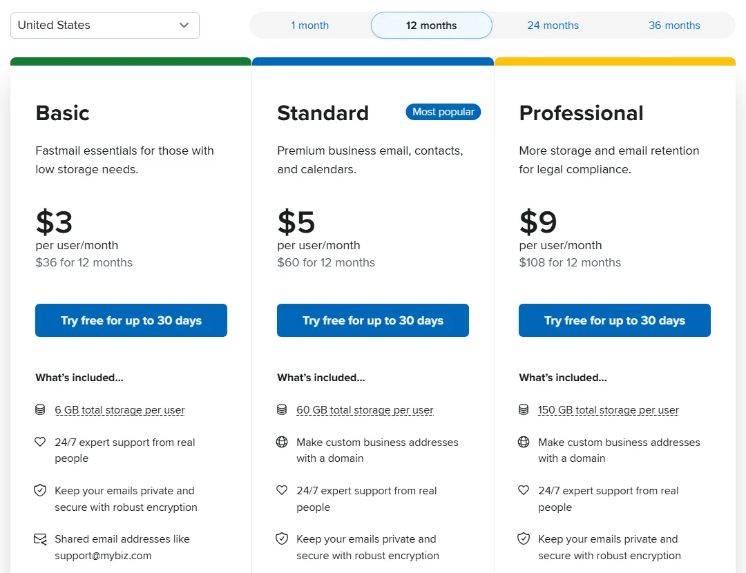 Fastmail Business Basic, Standard and Professional plans on the 12-month term (October 2026)