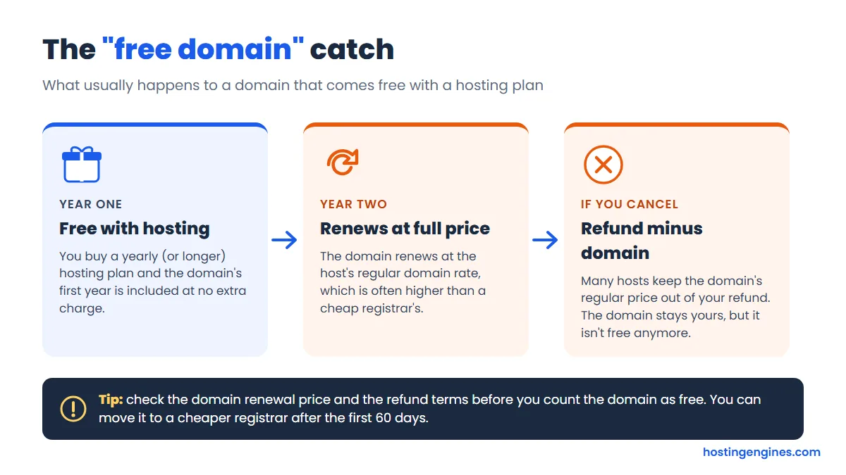 Diagram showing a free domain with hosting in year one, renewing at full price in year two, and the domain value being kept from a refund if you cancel