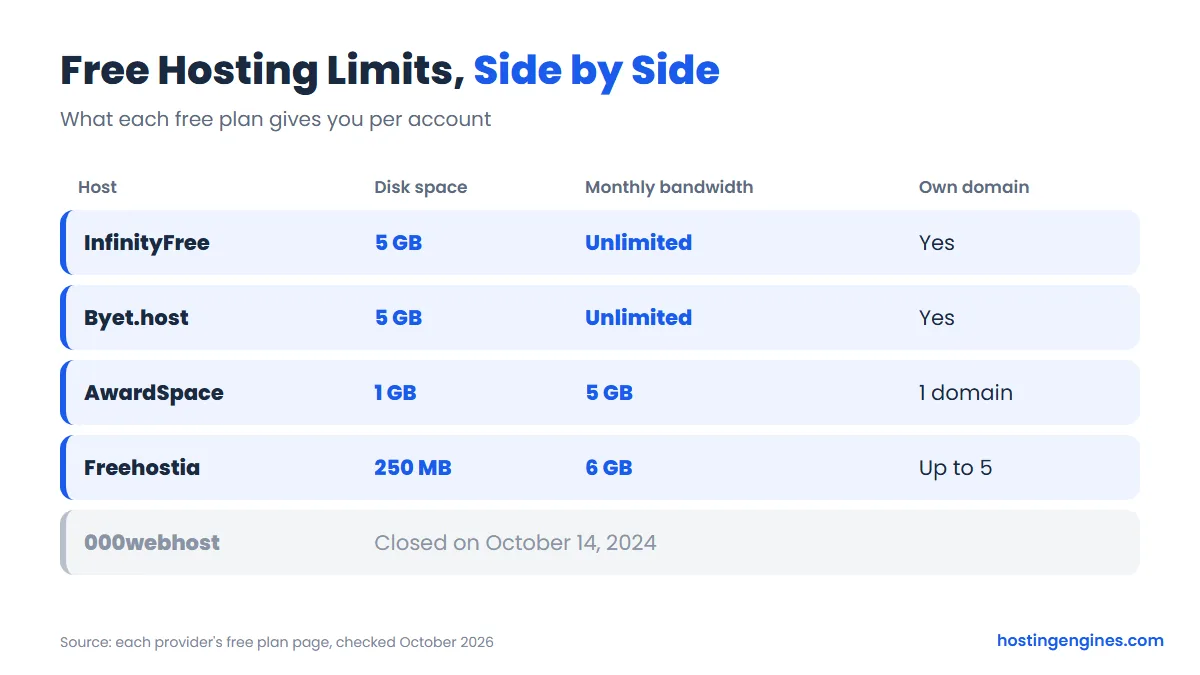 Table comparing free hosting disk space, monthly bandwidth and custom domain limits at InfinityFree, Byet.host, AwardSpace and Freehostia