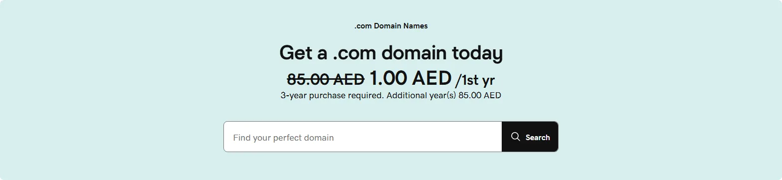 GoDaddy .com domain offer showing 1 AED for the first year with a 3-year purchase and 85 AED for additional years