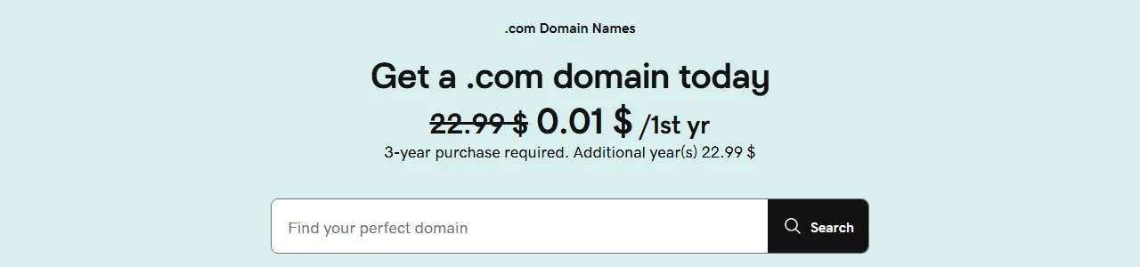 GoDaddy .com domain page showing $0.01 for the first year with a required 3-year purchase and $22.99 for additional years (October 2026)