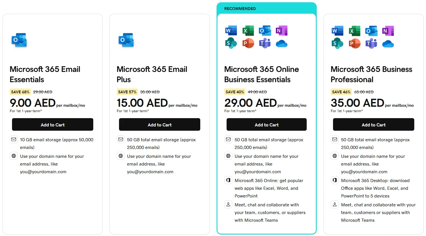 GoDaddy Microsoft 365 email plans Email Essentials, Email Plus, Online Business Essentials and Business Professional priced per mailbox in UAE dirhams