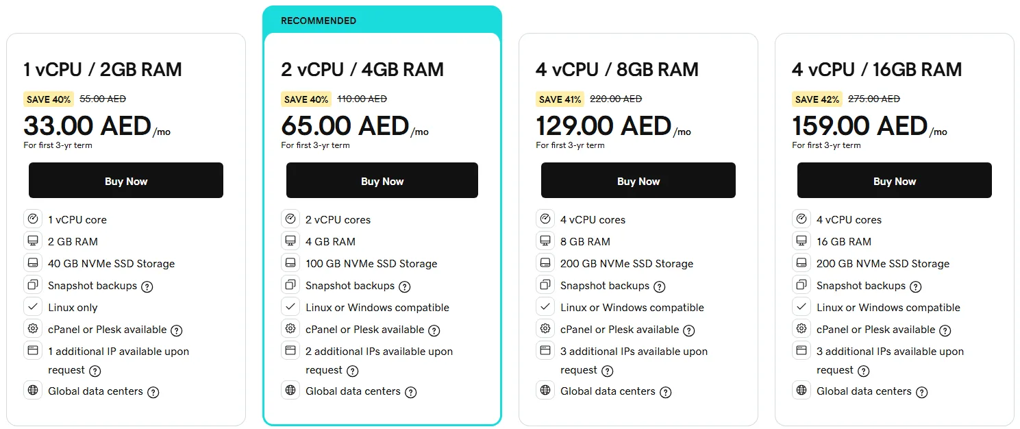 GoDaddy VPS hosting plans from 1 vCPU and 2 GB RAM to 4 vCPU and 16 GB RAM with prices in UAE dirhams