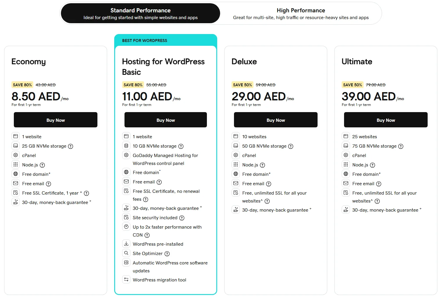 GoDaddy Standard Performance web hosting plans Economy, WordPress Basic, Deluxe and Ultimate with prices in UAE dirhams