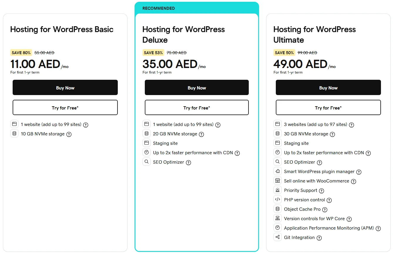 GoDaddy Managed Hosting for WordPress plans Basic, Deluxe and Ultimate with prices in UAE dirhams