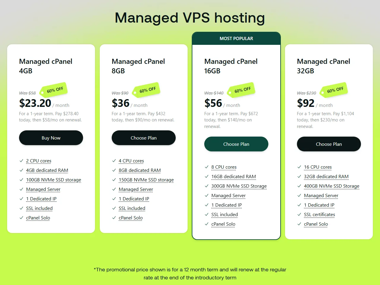 Hosting.com managed cPanel VPS plans and prices, from $23.20 a month on a 1-year term (October 2026)