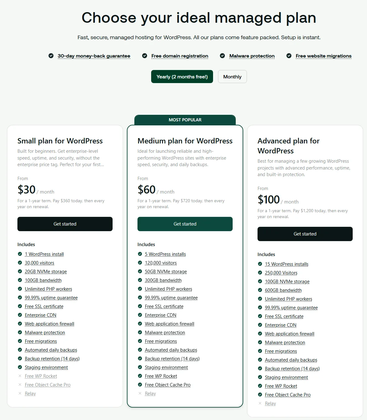 Hosting.com managed WordPress plans Small, Medium and Advanced with yearly prices (October 2026)