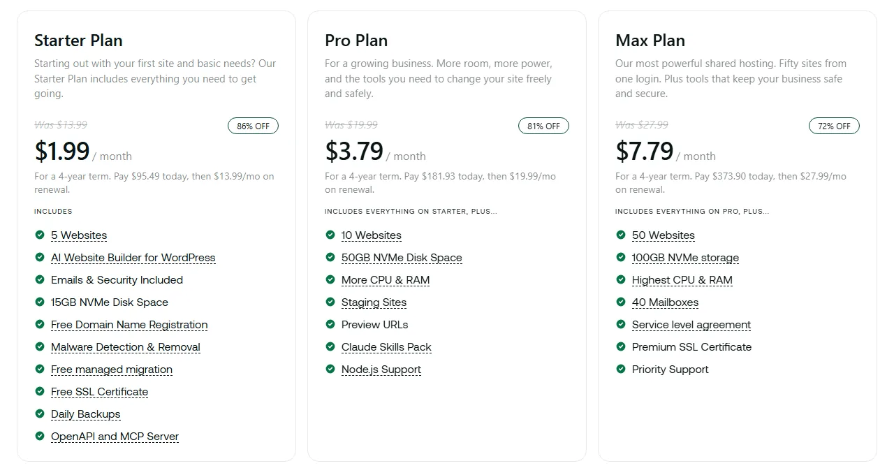 Hosting.com shared plans with Daily Backups listed on the Starter plan (October 2026)